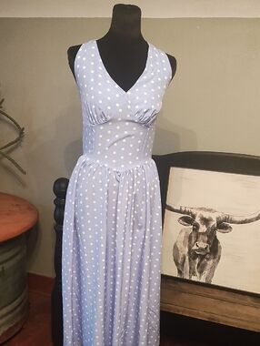 Light Blue Polka Dot V-Neck Maxi Dress